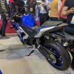 2018 Yamaha YZF-R3 Blue rear left quarter at 2018 Auto Expo